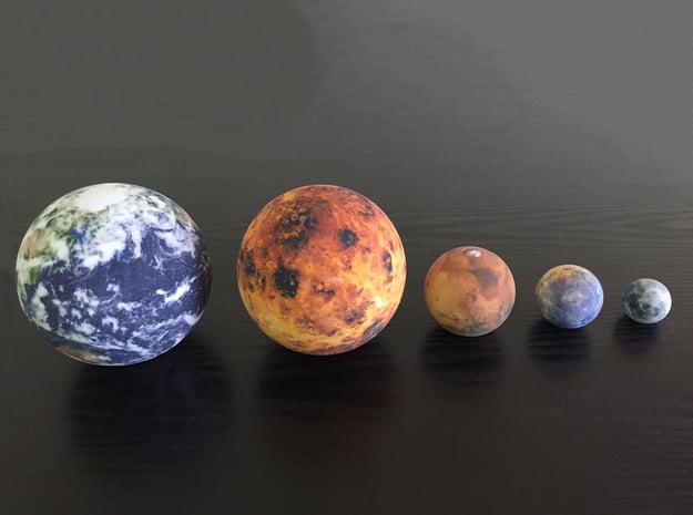 Mercury, Venus, Earth, Moon & Mars to scale