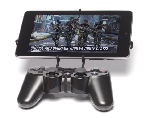 Front View - A Nexus 7 and a black PS3 controller