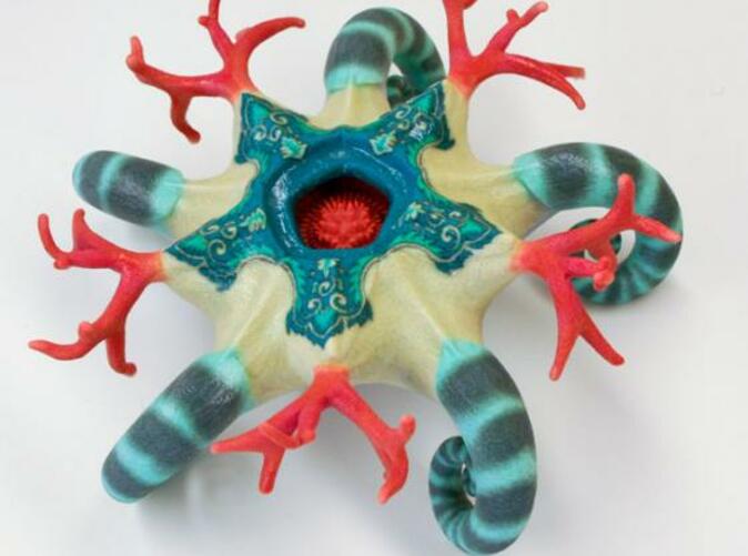 The Starfish was originally printed as a fin experiment in 3d color printine. Shapeways does not offer color printing but the sculpture can be printed in most of the available materials.