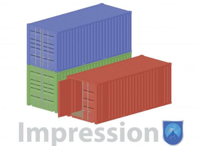 Impression of a few shippingcontainers type A (in red) and type B (in green and blue)