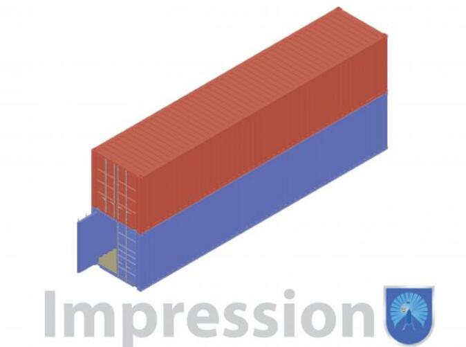 Impression of a few shipping containers (red type A)(blue type B)