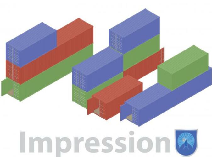 Impression of a few shipping containers (red type A) (blue and green type B)