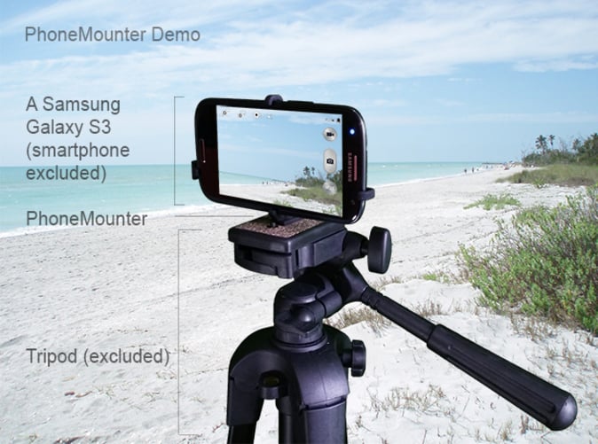 A demo Samsung Galaxy S3 mounted on a tripod with PhoneMounter