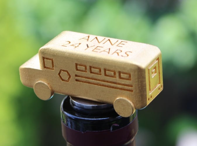 School Bus Wine Stopper in Action (in Gold Polished Steel)