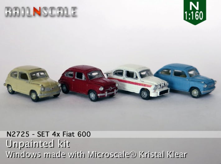 SET 4x Fiat 600 (N 1:160) 3d printed 