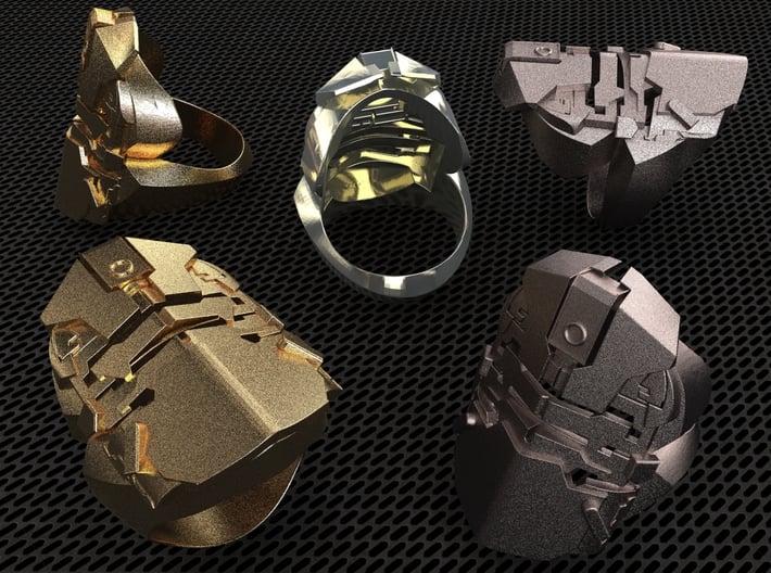 Dead Space Security Helmet ring 3d printed Stainless Steel, Gold Plated Matte &amp; Premium Silver render