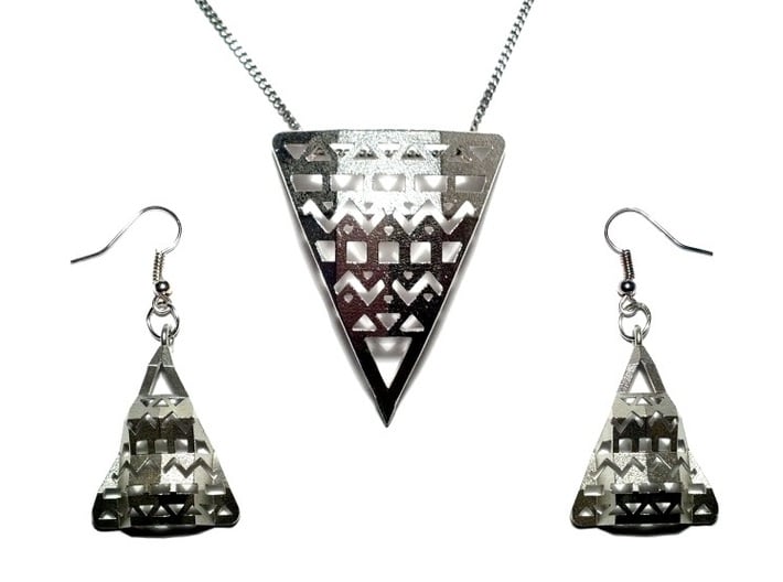 Aztec Earrings 3d printed Aztec Pendant + Earrings in Raw Silver