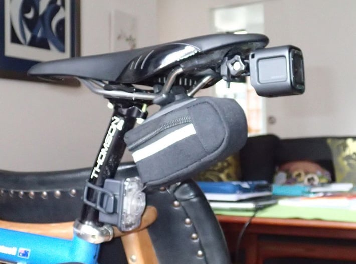 Cateye to GoPro-style adaptor mount 3d printed Prototype with HERO4 Session camera mounted to Fizik saddle