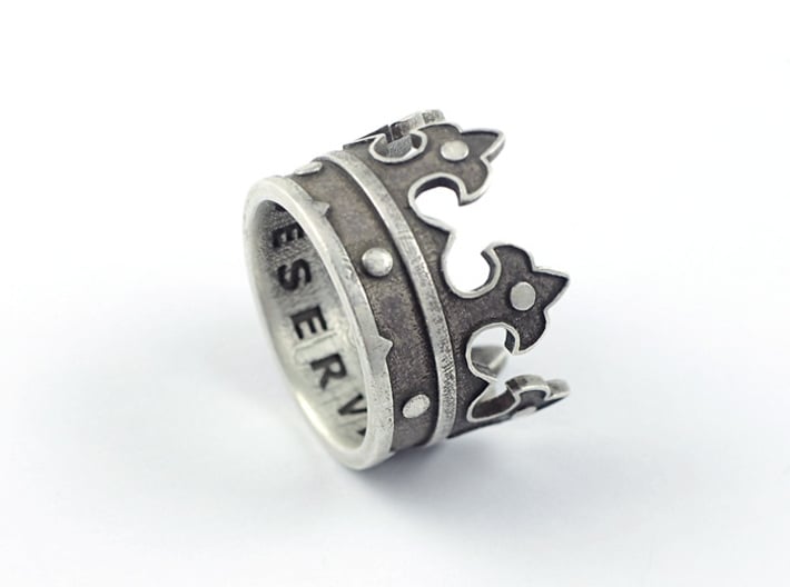 Crown Ring (various sizes) 3d printed Silver (blackened)