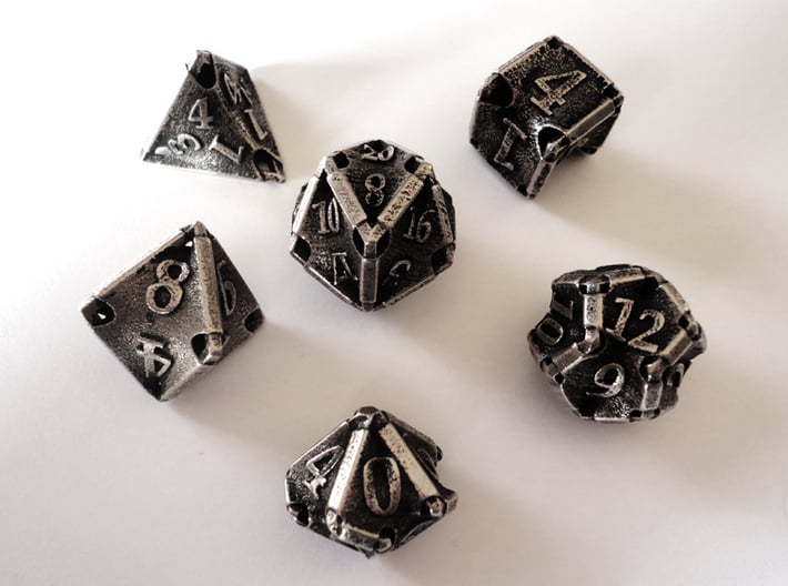 Stretcher Dice Set 3d printed In stainless steel and inked.