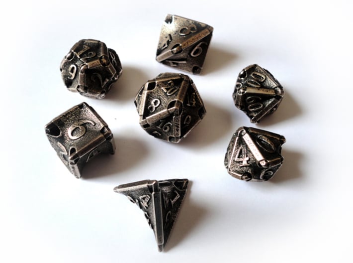 Stretcher Dice Set With Decader 3d printed In stainless steel and inked.