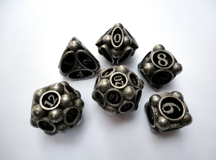 Spore Dice Set 3d printed In stainless steel and inked.
