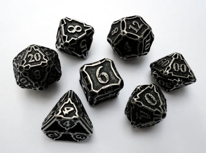 Premier Dice Set with Decader 3d printed In stainless steel and inked.
