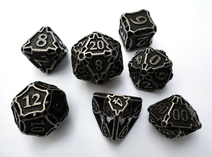 Large Premier Dice Set with Decader 3d printed In stainless steel and inked.