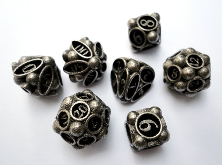 Spore Dice Set with Decader 3d printed In stainless steel and inked.