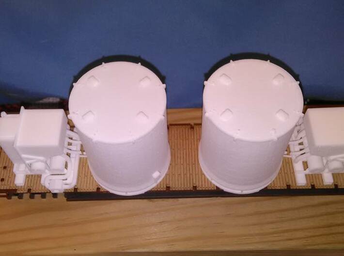 HO 1/87 Titan Rocket container & A/C unit x2 3d printed A top-down view of the unpainted units on an SP flatcar.