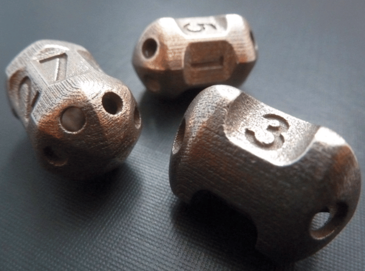 Five sided 'pepperpot' dice 3d printed The set of pepperpot dice