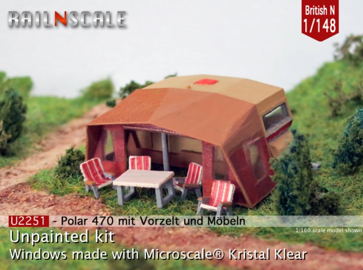 Polar 470 Caravan with tent (British N 1:148) 3d printed 