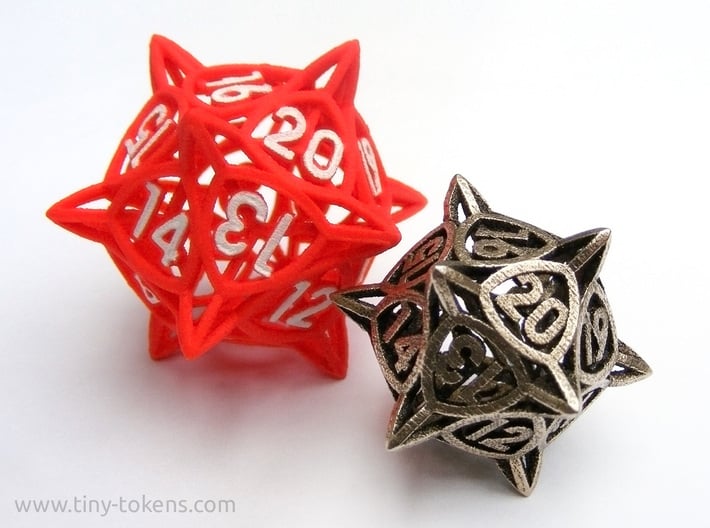'Center Arc' dice, D20 Spindown Life Counter LARGE 3d printed Red plastic with hand oainted numbers, next to the smaller steel version of this die