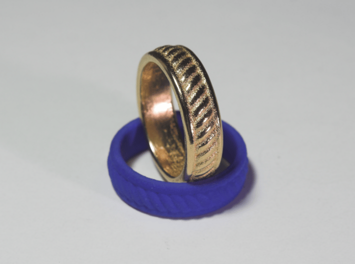 Twist Band Ring - 9½ 3d printed Gold Plated Stainless Steel &amp; Blue Plastic