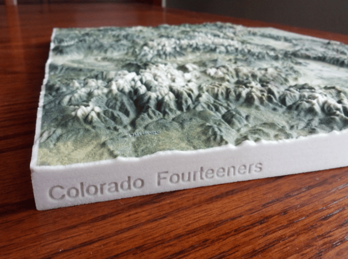 Colorado Fourteeners with holes, 12'' 3d printed Close-up of SouthEast corner, with Spanish Peaks in the foreground