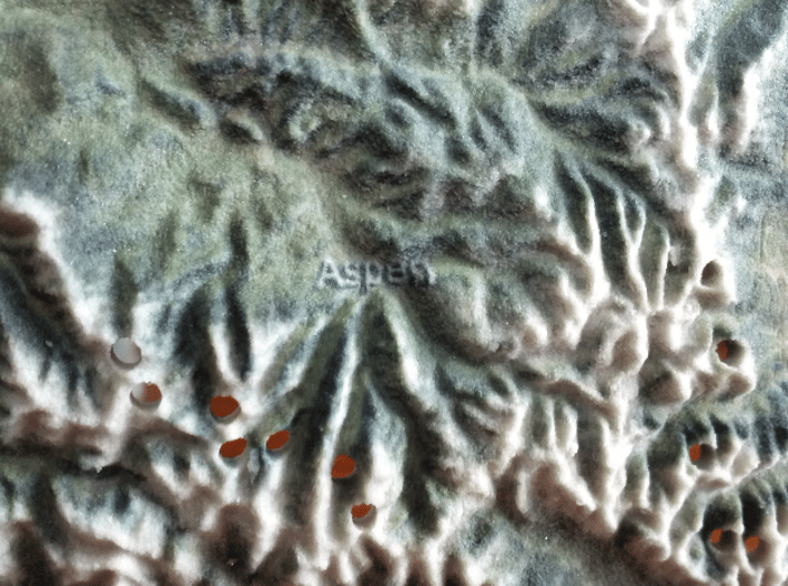 Colorado Fourteeners with holes, 12'' 3d printed Photo close-up of model, showing Aspen and Maroon Bells peaks