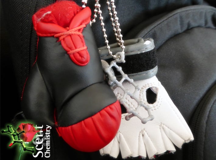 Androstenol 3d printed Androstenol tag in raw aluminum on a sports bag together with miniature boxing gloves.