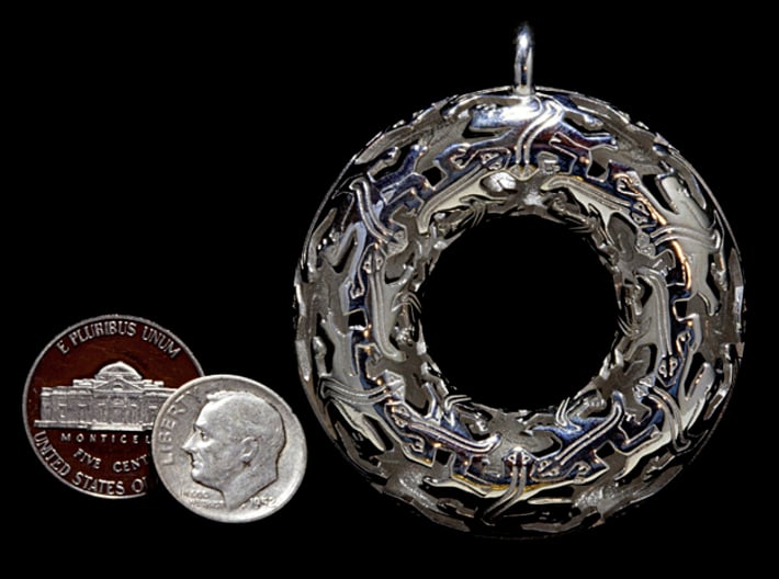 Reptiles Pendant - 2 Inch version. 3d printed 2 inch Silver with coins for scale, photo.