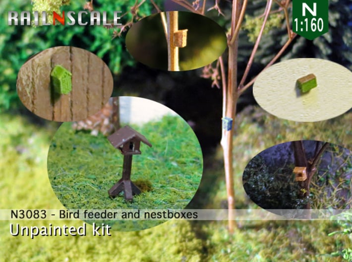 Bird feeder + 5 nestboxes​ (N 1:160) 3d printed