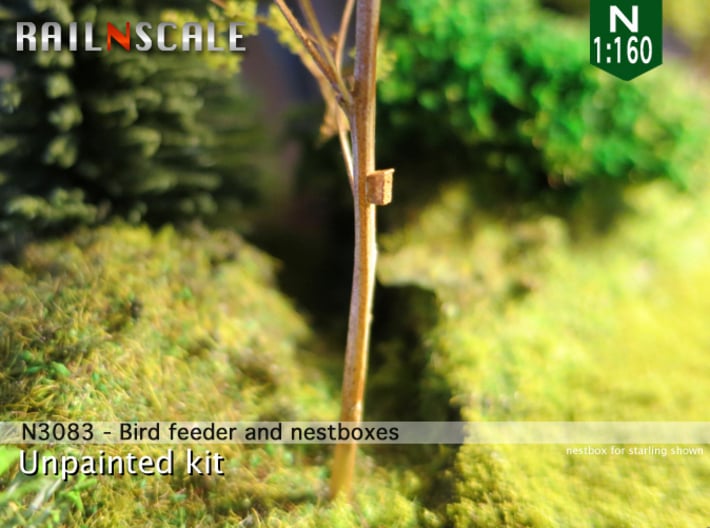 Bird feeder + 5 nestboxes​ (N 1:160) 3d printed 