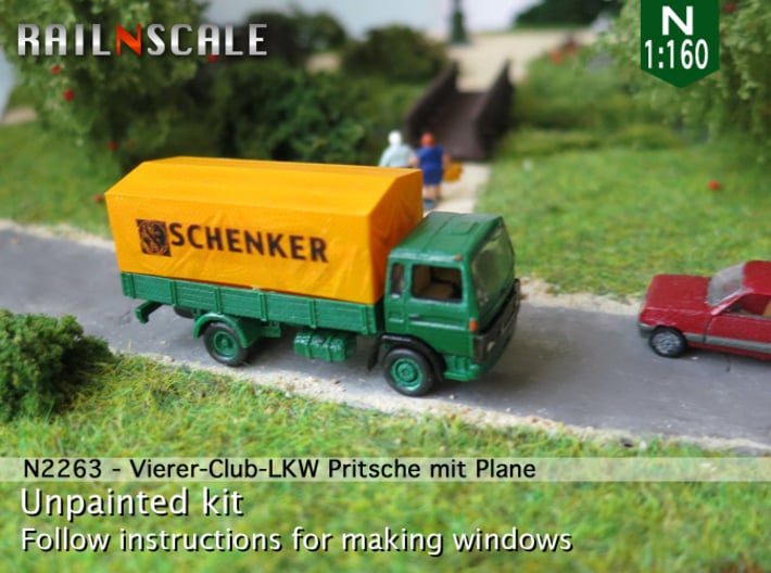 Vierer-Club-LKW Pritsche mit Plane (N 1:160) 3d printed 