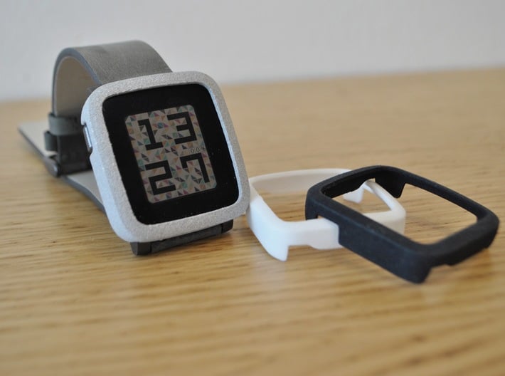 Pebble Time Steel Bumper Cover 3d printed Polished mettalic plastic, white and black / photo by @apebbleaday