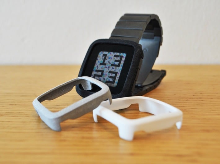 Pebble Time Steel Bumper Cover 3d printed Black, polished mettalic plastic and white / photo by @apebbleaday