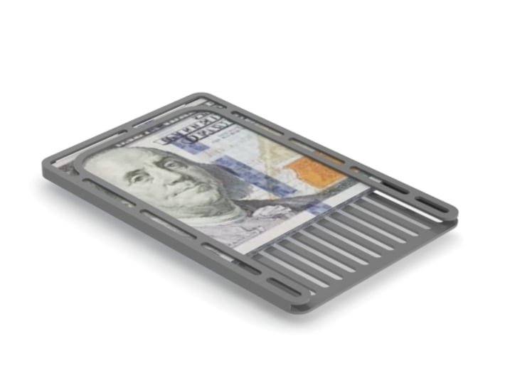 Cash Card (for Sliminal) 3d printed In-use Solidworks render with several 100 dollar bills.