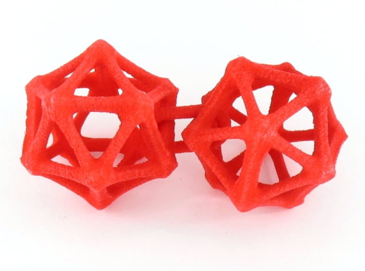 Icosahedron Earrings, bone style 3d printed Earrings printed in Red Strong and Flexible, shown looped as printed