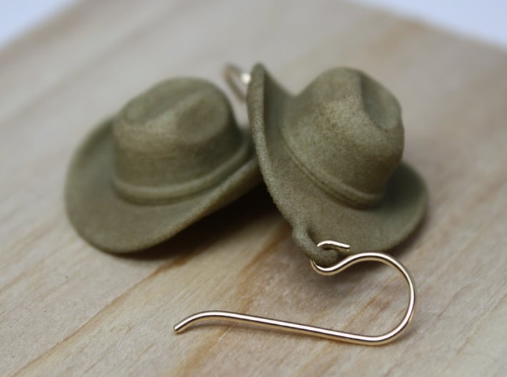 Cowboy Hat Earrings 3d printed Shown in Strong &amp; Flexible Plastic, Dyed Beige (Color Not available at Shapeways, please contact the designer).