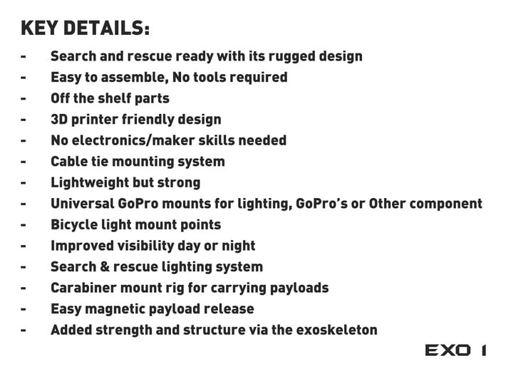 EXO 1  Search & Rescue Exoskeleton - Frame 3d printed Key Features