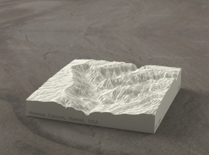 4'' Waimea Canyon, Hawaii, USA, Sandstone 3d printed Radiance rendering of model, viewed from the South