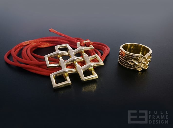 Endless Knot Ring (Multiple Sizes) 3d printed Presentation of Ring and Pendant  in 18K Gold Plated