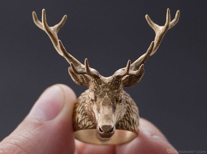 Gothic Anatomy Anatomical Victorian Large 3D Resin Deer Stag Skull Adjustable Cabochon Ring with Antlers in Silver Base Steampunk Costume