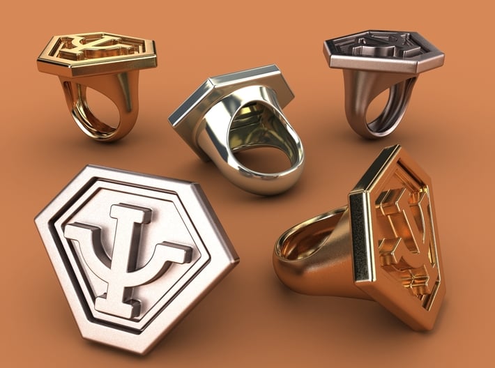 Babylon 5's Psy Corps Ring 3d printed Stainless steel, gold plated mate & premium silver renderings