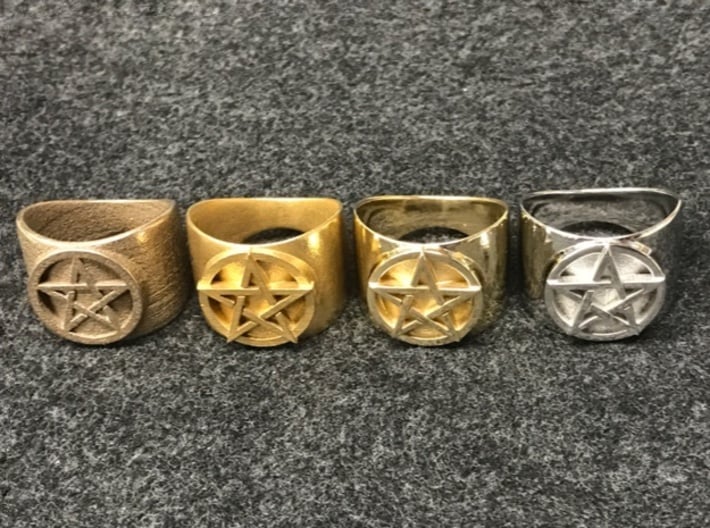Pentacle Ring - large (choose size) 3d printed From left to the right: stainless steel, raw brass, polished brass, rhodium-plated polished brass.