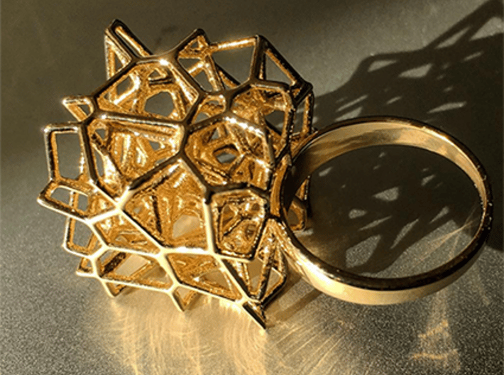 Voronoi Cube Ring (Size 8.5) 3d printed Photo of polished brass