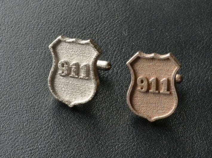 911 Police Shield Cuff-links 3d printed 3-D printed 911 cufflinks. (polished nickel steel on left - plain stainless steel on right)