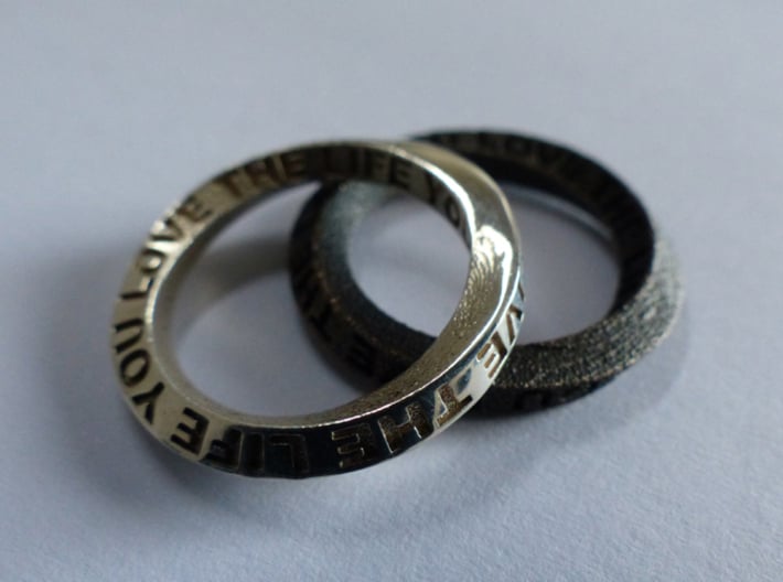 Live The Life You Love - Mobius Ring 3d printed Polished Silver and Matte Black Steel