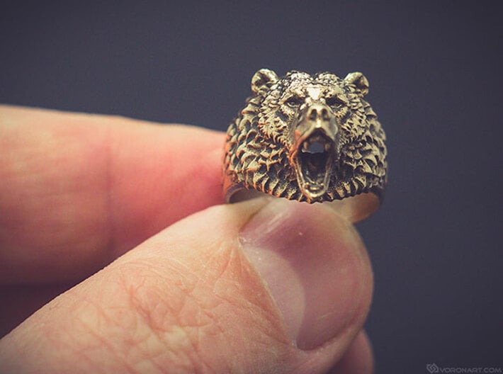 Roaring bear ring 3d printed Artificially aged (blackened) bronze