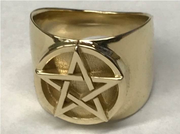Pentacle Ring - large (choose size) 3d printed Thick pentacle ring in polished brass. Note that the polishing does not extend into the surface behind the pentacle; this is intentional in my design.