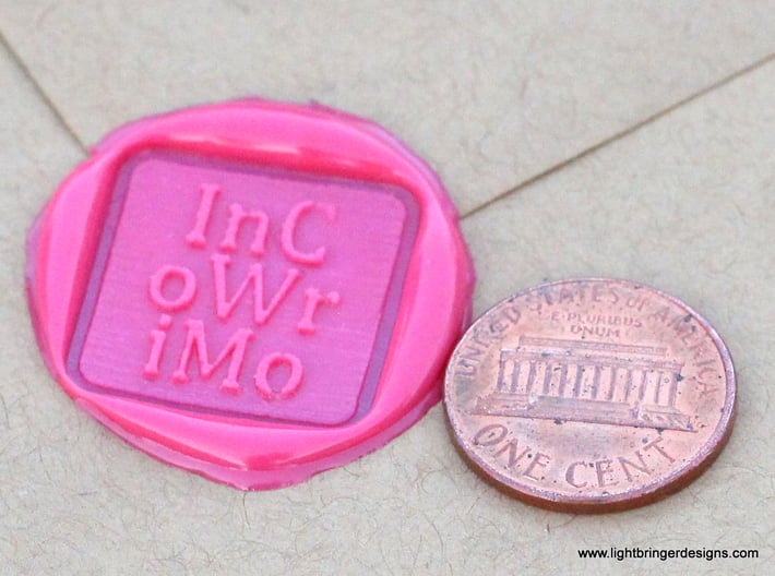 InCoWriMo Wax Seal 3d printed InCoWriMo wax impression in Plumeria Pink sealing wax.  Penny for scale.