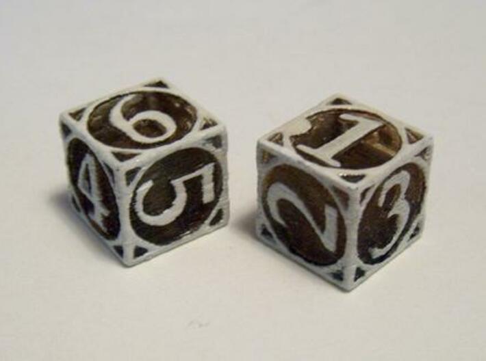 Circle Theme d6 3d printed In Transparent Detail, dyed with tea and drybrushed with white acrylic paint.