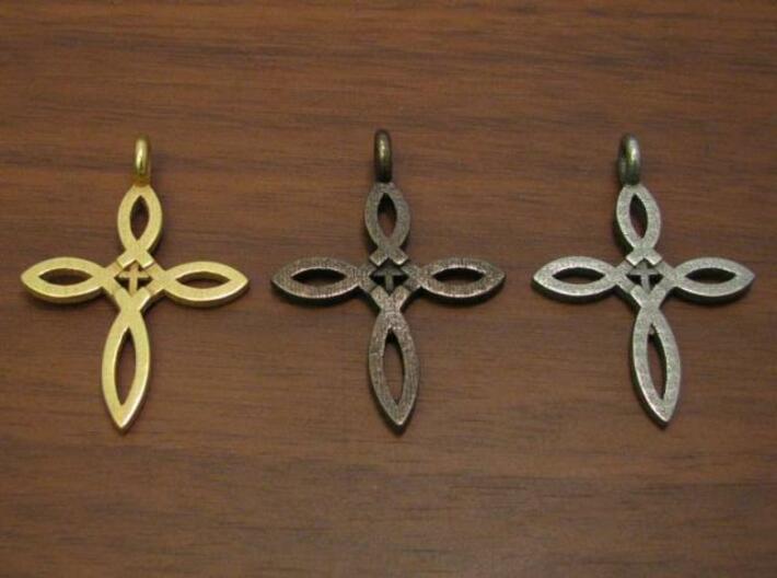 Ichthus Cross Pendant 3d printed Antique Bronze Glossy, Stainless Steel, and Gold Plated Glossy crosses